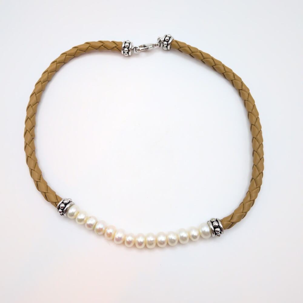 Honora Sterling Silver 925 Freshwater Pearl Braided Tan Leather Necklace 16in